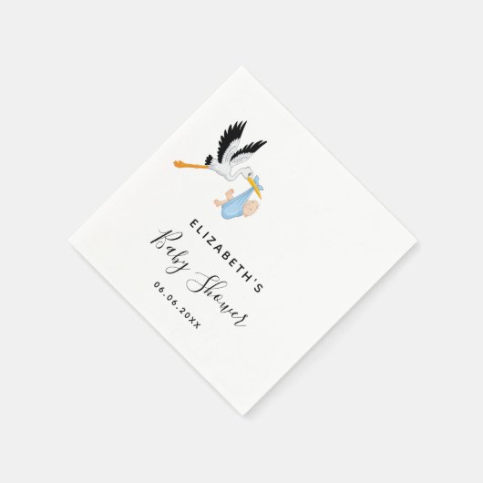 Baby shower boy blue stork name script servet (Hoek)