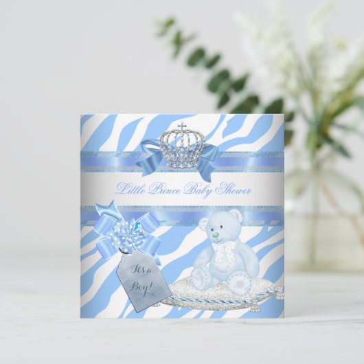 Baby shower Boy Blue Zebra Prince Crown Teddy Bear Kaart (Staand voorkant)