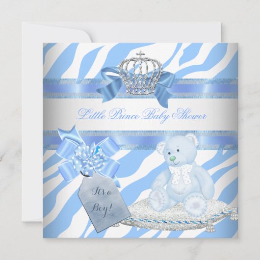 Baby shower Boy Blue Zebra Prince Crown Teddy Bear Kaart (Voorkant)