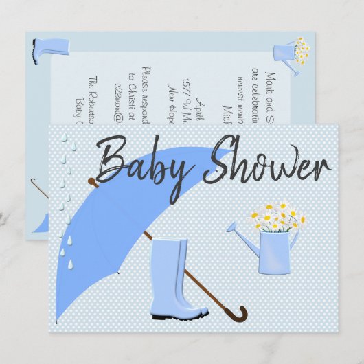 baby shower Boy Blues Umbrella en Rain Boots Kaart (Voorkant / Achterkant)