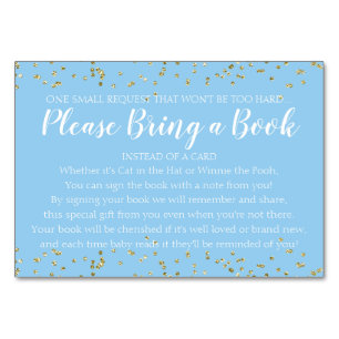 Baby shower Boy Book Request Gold Confetti Blue Kaart