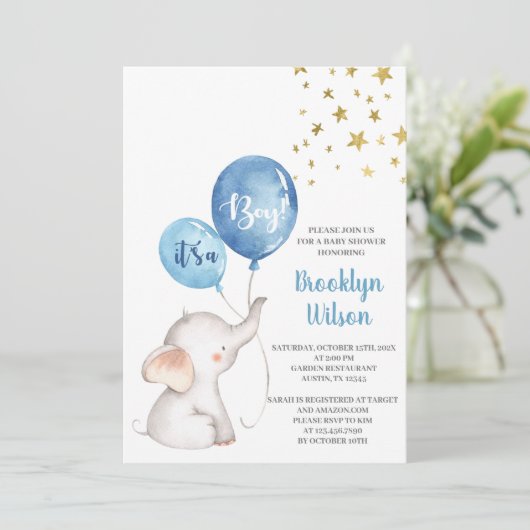 Baby shower Boy Elephant Uitnodiging (Staand voorkant)