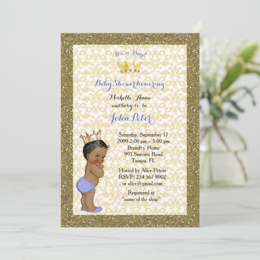 Baby shower BOY, gouden lijst, wit en goud. Kaart (Staand voorkant)
