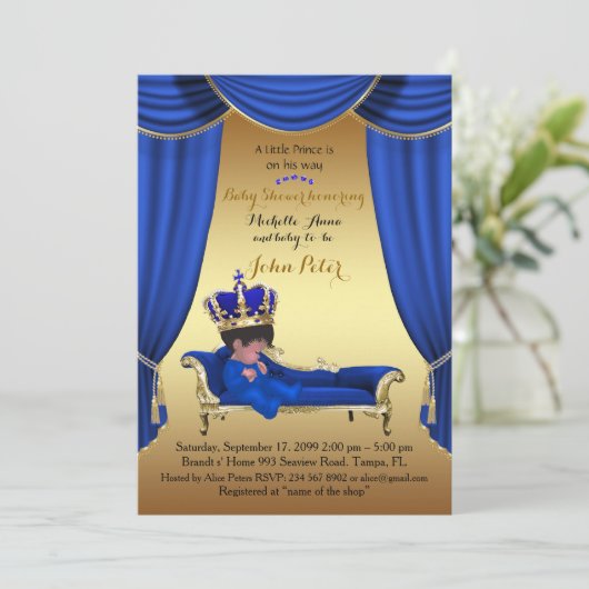 Baby shower BOY, gouden strip, blauw & goud. Kaart (Staand voorkant)