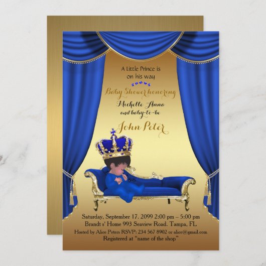 Baby shower BOY, gouden strip, blauw & goud. Kaart (Voorkant / Achterkant)