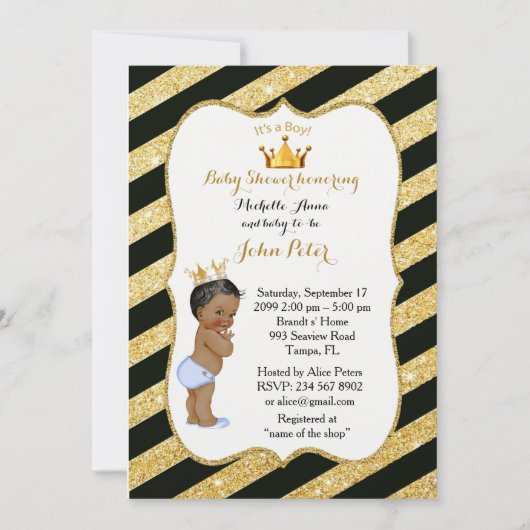 Baby shower BOY, gouden strip, zwart en goud. Kaart (Voorkant)