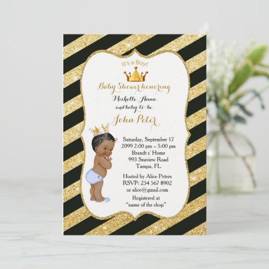 Baby shower BOY, gouden strip, zwart en goud. Kaart (Staand voorkant)