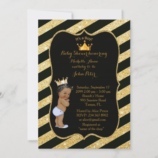 baby shower BOY, gouden strips, zwart goud v2. Kaart (Voorkant)