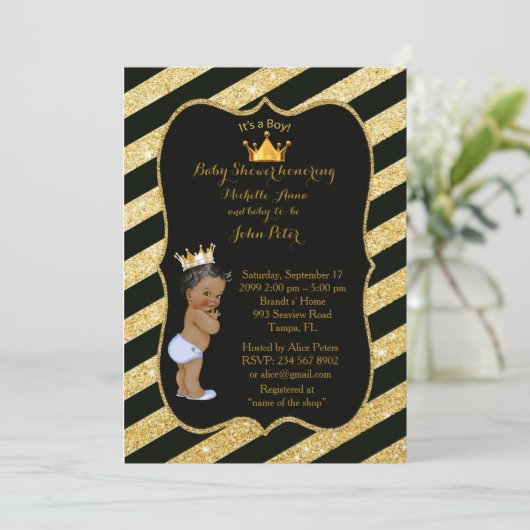 baby shower BOY, gouden strips, zwart goud v2. Kaart (Staand voorkant)