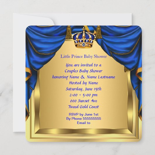 Baby shower Boy Little Prince Royal Blue Gold Kaart (Achterkant)