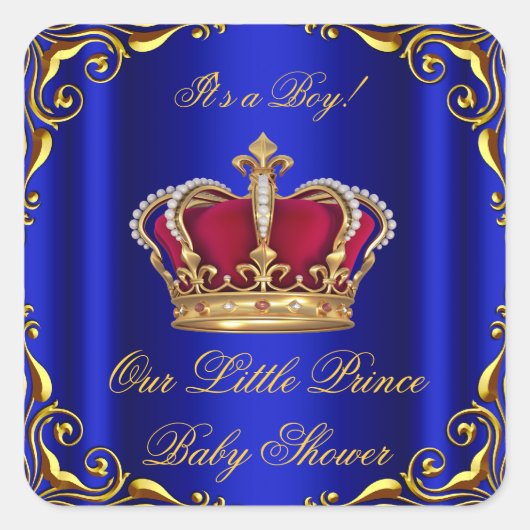 Baby shower Boy Little Prince Royal Blue Gold Vierkante Sticker (Voorkant)