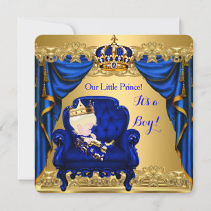 Baby shower Boy Little Prince Royal Blue Golden 3 Kaart