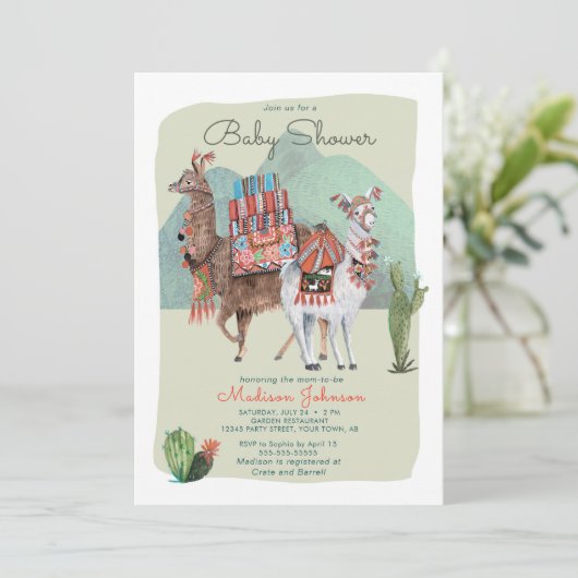 Baby shower Boy | Llamas en Cactus | Uitnodigingen (Staand voorkant)
