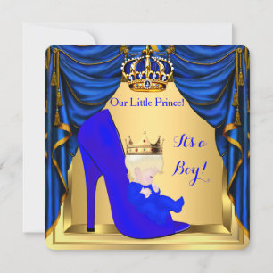 Baby shower Boy Prince Royal Blue Shoe Gold 4 Kaart