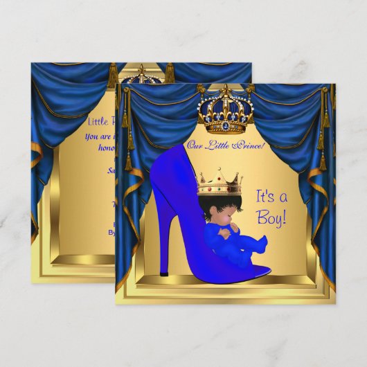Baby shower Boy Prince Royal Blue Shoe Gold Kaart (Voorkant / Achterkant)