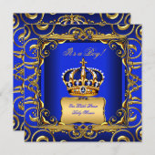 Baby shower Boy Royal Blue Damask Gold Crown 2 Kaart (Voorkant / Achterkant)