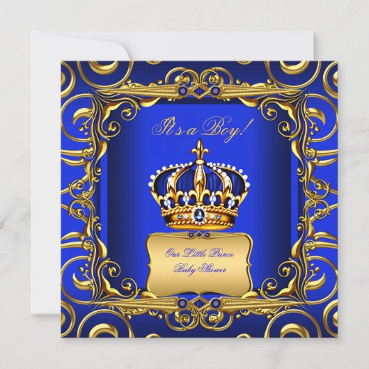 Baby shower Boy Royal Blue Damask Gold Crown 2 Kaart (Voorkant)