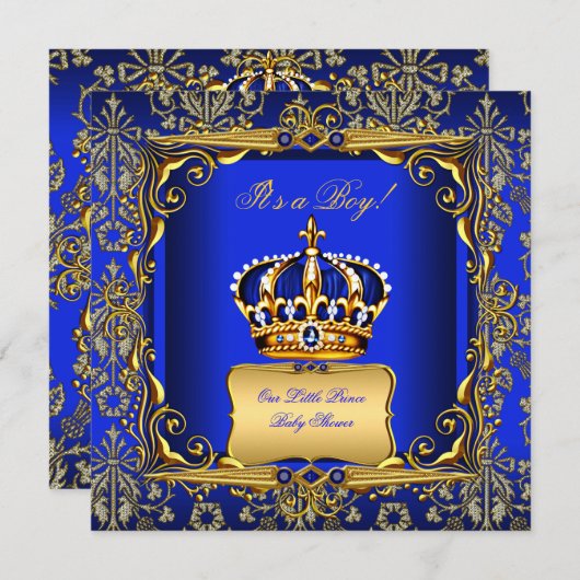 Baby shower Boy Royal Blue Damask Gold Crown Kaart (Voorkant / Achterkant)