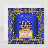 Baby shower Boy Royal Blue Damask Gold Crown Kaart (Voorkant)