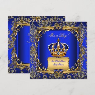 Baby shower Boy Royal Blue Damask Gold Crown Kaart