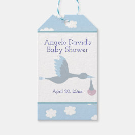 Baby shower Boy Stork met blauwe lucht en wolken Cadeaulabel