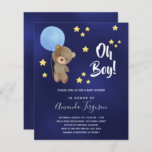 Baby shower Boy Teddy Bear Blue Invitation (Voorkant / Achterkant)