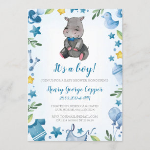 Baby shower Boy Uitnodiging Hippo