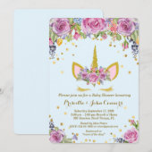 Baby shower Boy Unicorm uitnodiging, bloemen, blau Kaart (Voorkant / Achterkant)