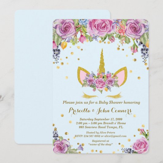Baby shower Boy Unicorm uitnodiging, bloemen, blau Kaart (Voorkant / Achterkant)