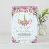 Baby shower Boy Unicorm uitnodiging, bloemen, blau Kaart (Staand voorkant)