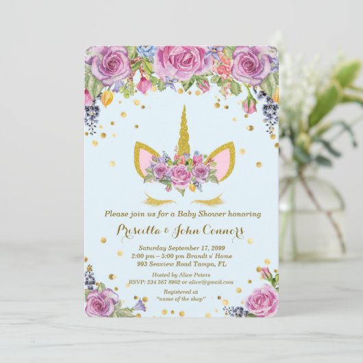 Baby shower Boy Unicorm uitnodiging, bloemen, blau Kaart (Staand voorkant)