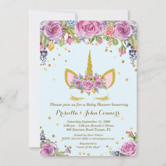 Baby shower Boy Unicorm uitnodiging, bloemen, blau Kaart (Voorkant)