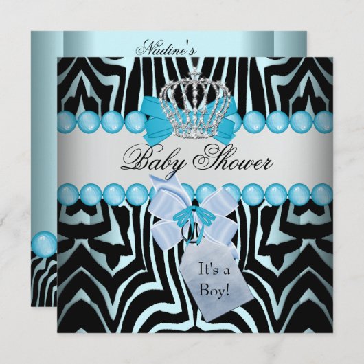 Baby shower Boy Zebra Blue Prince Crown Black Kaart (Voorkant / Achterkant)