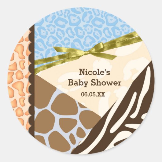 Baby shower Boys Blauw Safari Print Thema Feest Ronde Sticker (Voorkant)