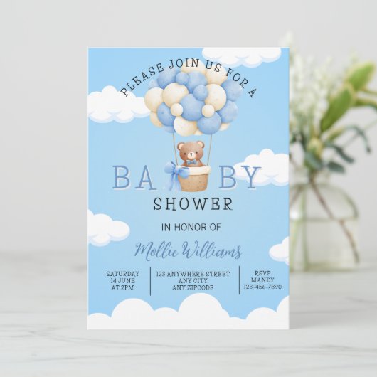 Baby shower Boys Teddy Bear Hete Luchtballon Kaart (Staand voorkant)
