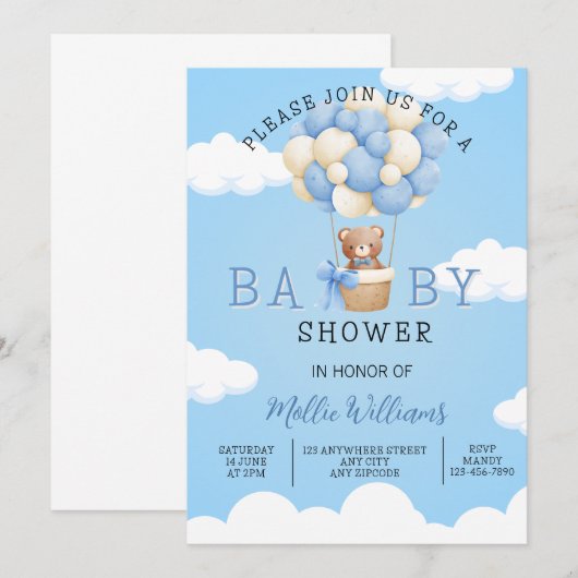 Baby shower Boys Teddy Bear Hete Luchtballon Kaart (Voorkant / Achterkant)