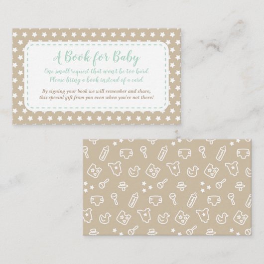 Baby shower Breng een boek Kaart | Munt en tan (Voorkant / Achterkant)