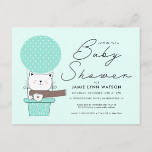 BABY SHOWER   Briefkaart van de groene kat-ballon