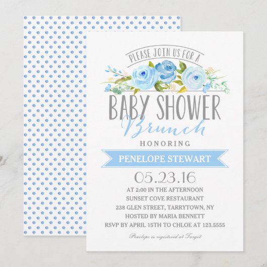 baby shower Brunch Blue | Uitnodiging tot Baby sho (Voorkant / Achterkant)