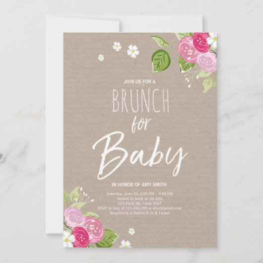 Baby shower brunch-uitnodiging Floral Rustic Pink Kaart (Voorkant)