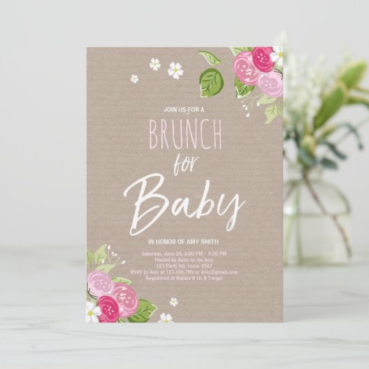 Baby shower brunch-uitnodiging Floral Rustic Pink Kaart (Staand voorkant)