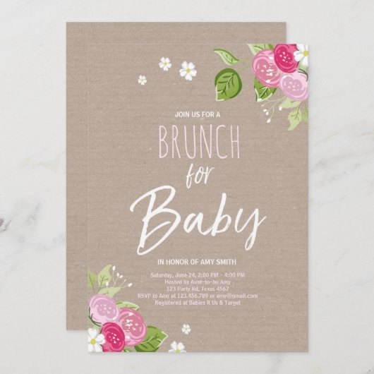 Baby shower brunch-uitnodiging Floral Rustic Pink Kaart (Voorkant / Achterkant)