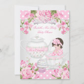  Baby shower Brunette Girl Pink Tea Party Kaart (Voorkant)