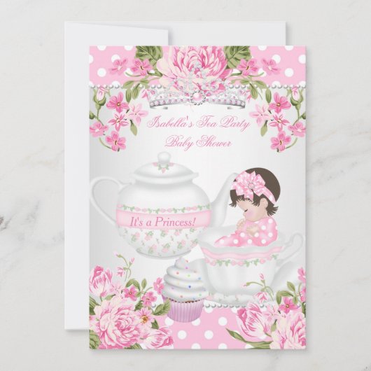  Baby shower Brunette Girl Pink Tea Party Kaart (Voorkant)