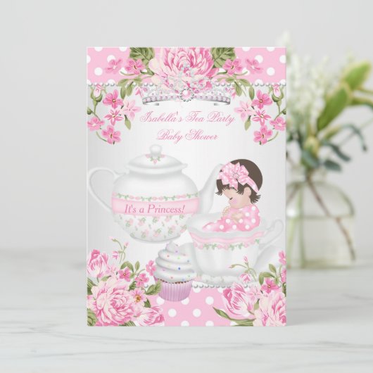 Baby shower Brunette Girl Pink Tea Party Kaart (Staand voorkant)