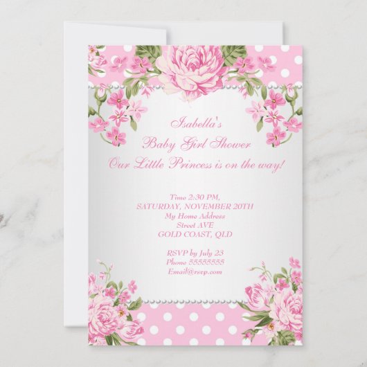  Baby shower Brunette Girl Pink Tea Party Kaart (Achterkant)