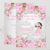  Baby shower Brunette Girl Pink Tea Party Kaart (Voorkant / Achterkant)