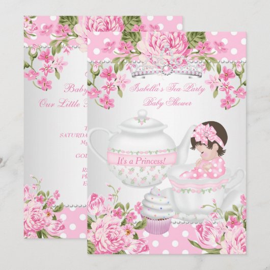  Baby shower Brunette Girl Pink Tea Party Kaart (Voorkant / Achterkant)