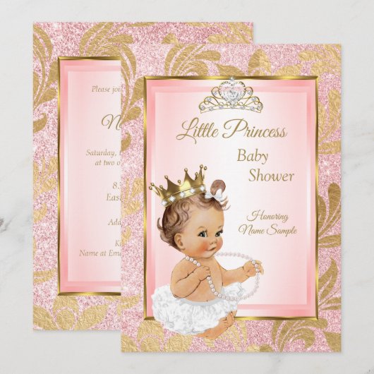 Baby shower Brunette Pink Glitter Gold Princess Kaart (Voorkant / Achterkant)