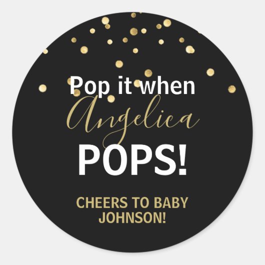 Baby shower Bubbly POP Champagne Zwart Goud Ronde Sticker (Voorkant)